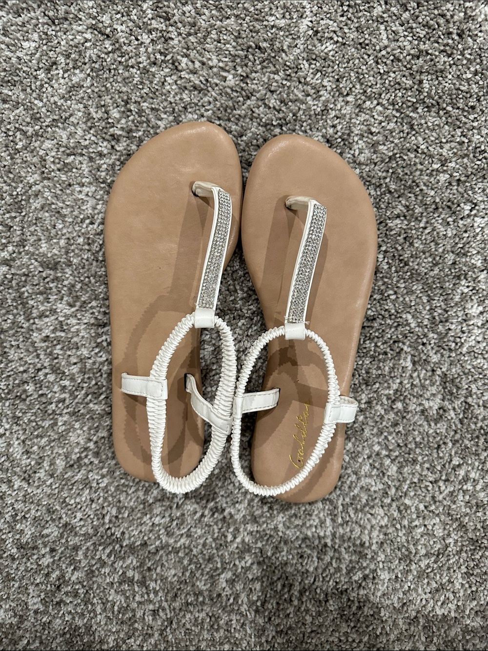 Gold Toe White Braided T-Strap Sandals with Sparkle Accents